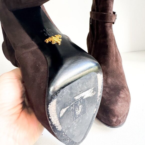 Prada Chocolate Brown Suede Classic Stacked Heel Booties 39.5 - Picture 3 of 11